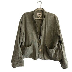 Flax Women's Green Collard Linen Button Down Cropped Top Size Medium Bohemian